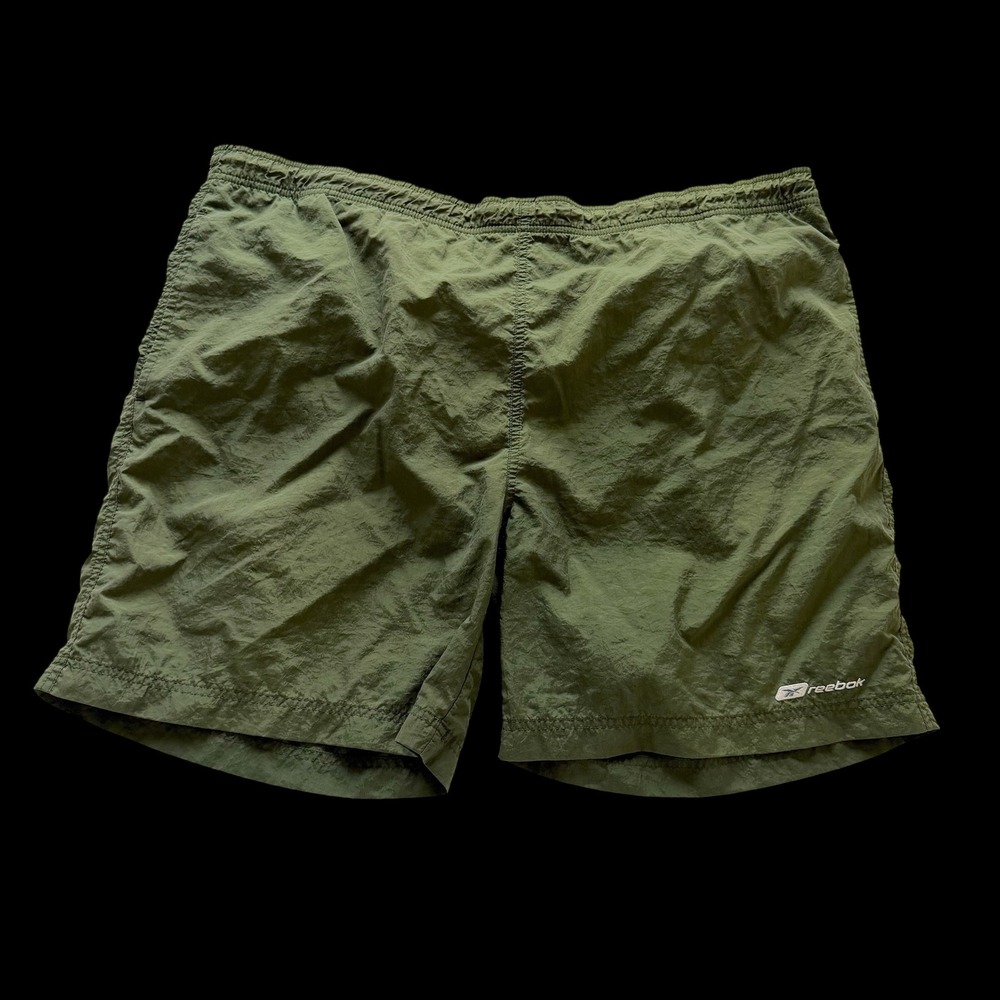 Y2K Reebok L Olive Green Nylon Mesh Lined Athletic Swim Shorts RN 69421